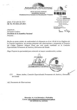 Propuesta de la Asambleísta Silvia Salgado para el Código Integral Penal