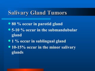 Salivary Gland Tumors 80 % occur in parotid gland 5-10 % occur in the submandubular gland 1 % occur in sublingual gland 10-15% occur in the minor salivary glands 