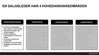 EN SALGSLEDER HAR 4 HOVEDANSVARSOMRÅDER
FORRETNINGSLEDELSE TEAMLEDELSE PERSONLEDELSE KUNDELEDELSE
 Forstå forretningslogikken i
egen avdeling / ansvarsområde
 Lage budsjett og følge opp /
revidere budsjett
 Utvikle og følge opp
salgsstrategien for å levere på
målene
 Utvikling av eksisterende
kunder (ABC)
 Utvikling av nye kunder (ABC)
 Oppfølging og rapportering av
pipeline
 Forberede, gjennomføre og
følge opp kundemøter
 Sikre forståelse for hva som
skaper verdi for kundene
 Sikre at kunder får den rette
servicegraden
 Sikre at kunder blir
differensiert i forhold til
forretningspotensialet
 Lede kunden – bidra til at
kunden tar riktige valg
 Lede kunderelaterte
arrangementer (møter, messer)
 Skape forståelse for strategien
og ambisjonene
 Allokering av teamet
(eksisterende kunder, nysalg,
erfarne vs. uerfarne selgere)
 Samhandling i avdelingen og på
tvers av avdelinger
 Allokere ressurser til de mest
attraktive casene og de mest
kritiske oppgavene
 Gjennomgang av pipeline og
prestasjonsoppfølging
 Oppfølging av avdelingens mål
 Oppfølging av den enkeltes
leveranser og utviklingsbehov
 Coaching og tilbakemeldinger
på måloppnåelse
 Forvaltning av
kundeporteføljen
 Muligheter / pipeline
 Definere personlige mål
 Planlegg tiltak for å forbedre
den enkeltes salgsprestasjoner
 Gi tilbakemeldinger på gode
tiltak, resultater og samarbeid
 