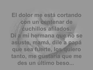 El dolor me está cortando con un centenar de cuchillos afilados. Di a mi hermana que no se asuste, mamá, dile a papá que sea fuerte, los quiero tanto, me gustaría que me des un último beso...  