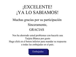 ¡EXCELENTE! ¡YA LO SABIAMOS! Muchas gracias por su participación Sinceramente, GRACIAS  Embajadas Nos ha ahorrado usted problemas con hacerle una Tarjeta Blanca por gusto Haga click en el boton inferior para mandar su respuesta a todas las embajadas en el pais. 