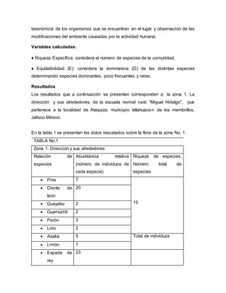 taxonómica de los organismos que se encuentran en el lugar y observación de las
modificaciones del ambiente causadas por la actividad humana.
Variables calculadas:
♦ Riqueza Específica: considera el número de especies de la comunidad.
♦ Equitatibilidad (E): considera la dominancia (D) de las distintas especies
determinando especies dominantes, poco frecuentes y raras.
Resultados
Los resultados que a continuación se presentan corresponden a la zona 1. La
dirección y sus alrededores, de la escuela normal rural “Miguel Hidalgo”, que
pertenece a la localidad de Ataquiza, municipio Ixtlahuacan de los membrillos,
Jalisco México.
En la tabla 1 se presentan los datos rescatados sobre la flora de la zona No. 1
TABLA No.1
Zona 1. Dirección y sus alrededores
Relación de
especies
Abundancia relativa
(número de individuos de
cada especie)
Riqueza de especies.
Número total de
especies
 Pino 7
15
 Diente de
león
20
 Guayabo 2
 Guamúchil 2
 Perón 3
 Lirio 2
 Asalia 5 Total de individuos
 Limón 1
 Espada de
rey
23
 