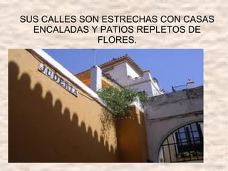 SUS CALLES SON ESTRECHAS CON CASAS
  ENCALADAS Y PATIOS REPLETOS DE
              FLORES.
 