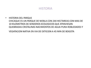 HISTORIAHISTORIA DEL PARQUECHICAQUE ES UN PARQUE DE NIEBLA CON 244 HECTAREAS CON MAS DE 10 KILOMETROS DE SENDEROS ECOLOGICOS QUE ATRAVIESAN QUEBRADAS CRISTALINAS NACIMIENTOS DE AGUA PURA ROBLEDADES Y VEGATACION NATIVA EN VIA DE EXTICION A 45 MIN DE BOGOTA 