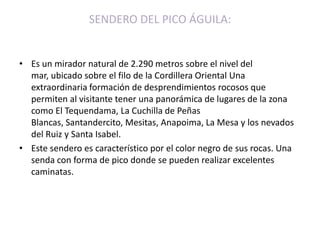 SENDERO DEL PICO ÁGUILA:Es un mirador natural de 2.290 metros sobre el nivel del mar, ubicado sobre el filo de la Cordillera Oriental Una extraordinaria formación de desprendimientos rocosos que permiten al visitante tener una panorámica de lugares de la zona como El Tequendama, La Cuchilla de Peñas Blancas, Santandercito, Mesitas, Anapoima, La Mesa y los nevados del Ruiz y Santa Isabel.Este sendero es característico por el color negro de sus rocas. Una senda con forma de pico donde se pueden realizar excelentes caminatas.