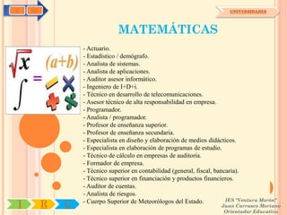 C   OA                                                                    UNIVERSIDADES




                              MATEMÁTICAS
                 - Actuario.
                 - Estadístico / demógrafo.
                 - Analista de sistemas.
                 - Analista de aplicaciones.
                 - Auditor asesor informático.
                 - Ingeniero de I+D+i.
                 - Técnico en desarrollo de telecomunicaciones.
                 - Asesor técnico de alta responsabilidad en empresa.
                 - Programador.
                 - Analista / programador.
                 - Profesor de enseñanza superior.
                 - Profesor de enseñanza secundaria.
                 - Especialista en diseño y elaboración de medios didácticos.
                 - Especialista en elaboración de programas de estudio.
                 - Técnico de cálculo en empresas de auditoría.
                 - Formador de empresa.
                 - Técnico superior en contabilidad (general, fiscal, bancaria).
                 - Técnico superior en financiación y productos financieros.
                 - Auditor de cuentas.
                 - Analista de riesgos.
                                                                          IES "Ventura Morón"
I        R   U   - Cuerpo Superior de Meteorólogos del Estado.
                                                                       Juan Carrasco Moriano
                                                                        Orientador Educativo
 