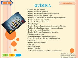 C   OA                                                               UNIVERSIDADES

                            QUÍMICA
                 - Químico de aplicaciones.
                 - Técnico en ciencias químicas.
                 - Técnico de laboratorio de química industrial.
                 - Técnico en refino de petróleo y gas.
                 - Técnicos de laboratorio de industrias agroalimentarias.
                 - Técnico en plásticos y caucho.
                 - Técnico de fabricación química.
                 - Analista de gas.
                 - Técnico de control de contaminación medioambiental.
                 - Auditor de calidad en procesos y plantas químicas.
                 - Técnicos en control de calidad.
                 - Técnico de Prevención de riesgos laborales.
                 - Formador de empresas.
                 - Consultor/formador en medio ambiente.
                 - Gestor de estudios de impacto medioambiental.
                 - Investigador.
                 - Técnico de planta química.
                 - Enólogo.
                 - Product-Manager.
                 - Técnico Comercial.
                 - Profesor en enseñanza secundaria y universitaria.
                                                                  IES "Ventura Morón"
I        R   U                                                   Juan Carrasco Moriano
                                                                  Orientador Educativo
 