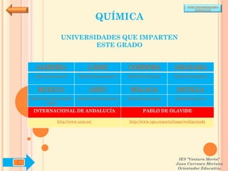 POR UNIVERSIDADES
                                                                                          (ANDALUCÍA)


                                        QUÍMICA

                    UNIVERSIDADES QUE IMPARTEN
                            ESTE GRADO


      ALMERÍA                     CÁDIZ               CÓRDOBA                  GRANADA
      http://www.ual.es/      http://www.uca.es/es/   http://www.uco.es/       http://www.ugr.es/


       HUELVA                      JAÉN                MÁLAGA                   SEVILLA
    http://www.uhu.es/inde   http://www10.ujaen.es/   http://www.uma.es/       http://www.us.es/
             x.php

     INTERNACIONAL DE ANDALUCÍA                               PABLO DE OLAVIDE

                  http://www.unia.es/                  http://www.upo.es/portal/impe/web/portada




                                                                                 IES "Ventura Morón"
C                                                                               Juan Carrasco Moriano
                                                                                 Orientador Educativo
 