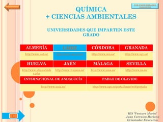 POR UNIVERSIDADES


                              QUÍMICA
                                                                                          (ANDALUCÍA)




                      + CIENCIAS AMBIENTALES

                       UNIVERSIDADES QUE IMPARTEN ESTE
                                   GRADO


      ALMERÍA                     CÁDIZ               CÓRDOBA                  GRANADA
      http://www.ual.es/      http://www.uca.es/es/   http://www.uco.es/       http://www.ugr.es/


       HUELVA                      JAÉN                MÁLAGA                   SEVILLA
    http://www.uhu.es/inde   http://www10.ujaen.es/   http://www.uma.es/       http://www.us.es/
             x.php

     INTERNACIONAL DE ANDALUCÍA                               PABLO DE OLAVIDE

                  http://www.unia.es/                  http://www.upo.es/portal/impe/web/portada




                                                                                 IES "Ventura Morón"
C                                                                               Juan Carrasco Moriano
                                                                                 Orientador Educativo
 