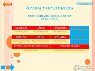 POR UNIVERSIDADES
                                                                                          (ANDALUCÍA)



                     ÓPTICA Y OPTOMETRÍA

                       UNIVERSIDADES QUE IMPARTEN
                               ESTE GRADO


      ALMERÍA                     CÁDIZ               CÓRDOBA                  GRANADA
      http://www.ual.es/      http://www.uca.es/es/   http://www.uco.es/       http://www.ugr.es/


       HUELVA                      JAÉN                MÁLAGA                   SEVILLA
    http://www.uhu.es/inde   http://www10.ujaen.es/   http://www.uma.es/       http://www.us.es/
             x.php

     INTERNACIONAL DE ANDALUCÍA                               PABLO DE OLAVIDE

                  http://www.unia.es/                  http://www.upo.es/portal/impe/web/portada




                                                                                 IES "Ventura Morón"
C                                                                               Juan Carrasco Moriano
                                                                                 Orientador Educativo
 