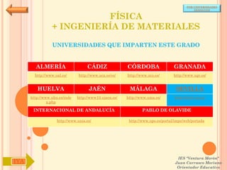 POR UNIVERSIDADES
                                                                                            (ANDALUCÍA)


                           FÍSICA
                 + INGENIERÍA DE MATERIALES

                 UNIVERSIDADES QUE IMPARTEN ESTE GRADO


        ALMERÍA                     CÁDIZ               CÓRDOBA                  GRANADA
        http://www.ual.es/      http://www.uca.es/es/   http://www.uco.es/       http://www.ugr.es/


         HUELVA                      JAÉN                MÁLAGA                   SEVILLA
      http://www.uhu.es/inde   http://www10.ujaen.es/   http://www.uma.es/       http://www.us.es/
               x.php

       INTERNACIONAL DE ANDALUCÍA                               PABLO DE OLAVIDE

                    http://www.unia.es/                  http://www.upo.es/portal/impe/web/portada




                                                                                   IES "Ventura Morón"
IYA                                                                               Juan Carrasco Moriano
                                                                                   Orientador Educativo
 