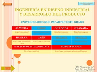 POR UNIVERSIDADES
                                                                                            (ANDALUCÍA)




       INGENIERÍA EN DISEÑO INDUSTRIAL
         Y DESARROLLO DEL PRODUCTO

               UNIVERSIDADES QUE IMPARTEN ESTE GRADO

        ALMERÍA                     CÁDIZ               CÓRDOBA                  GRANADA
        http://www.ual.es/      http://www.uca.es/es/   http://www.uco.es/       http://www.ugr.es/


         HUELVA                      JAÉN                MÁLAGA                   SEVILLA
      http://www.uhu.es/inde   http://www10.ujaen.es/   http://www.uma.es/       http://www.us.es/
               x.php

       INTERNACIONAL DE ANDALUCÍA                               PABLO DE OLAVIDE

                    http://www.unia.es/                  http://www.upo.es/portal/impe/web/portada




                                                                                   IES "Ventura Morón"
IYA                                                                               Juan Carrasco Moriano
                                                                                   Orientador Educativo
 