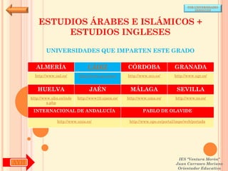 POR UNIVERSIDADES
                                                                                            (ANDALUCÍA)




          ESTUDIOS ÁRABES E ISLÁMICOS +
               ESTUDIOS INGLESES

              UNIVERSIDADES QUE IMPARTEN ESTE GRADO

        ALMERÍA                     CÁDIZ               CÓRDOBA                  GRANADA
        http://www.ual.es/      http://www.uca.es/es/   http://www.uco.es/       http://www.ugr.es/


         HUELVA                      JAÉN                MÁLAGA                   SEVILLA
      http://www.uhu.es/inde   http://www10.ujaen.es/   http://www.uma.es/       http://www.us.es/
               x.php

       INTERNACIONAL DE ANDALUCÍA                               PABLO DE OLAVIDE

                    http://www.unia.es/                  http://www.upo.es/portal/impe/web/portada




                                                                                   IES "Ventura Morón"
AYH                                                                               Juan Carrasco Moriano
                                                                                   Orientador Educativo
 