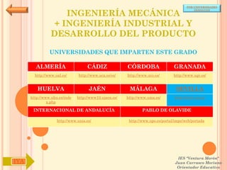 POR UNIVERSIDADES


                    INGENIERÍA MECÁNICA
                                                                                            (ANDALUCÍA)




                 + INGENIERÍA INDUSTRIAL Y
                DESARROLLO DEL PRODUCTO

                UNIVERSIDADES QUE IMPARTEN ESTE GRADO

        ALMERÍA                     CÁDIZ               CÓRDOBA                  GRANADA
        http://www.ual.es/      http://www.uca.es/es/   http://www.uco.es/       http://www.ugr.es/


         HUELVA                      JAÉN                MÁLAGA                   SEVILLA
      http://www.uhu.es/inde   http://www10.ujaen.es/   http://www.uma.es/       http://www.us.es/
               x.php

       INTERNACIONAL DE ANDALUCÍA                               PABLO DE OLAVIDE

                    http://www.unia.es/                  http://www.upo.es/portal/impe/web/portada




                                                                                   IES "Ventura Morón"
IYA                                                                               Juan Carrasco Moriano
                                                                                   Orientador Educativo
 