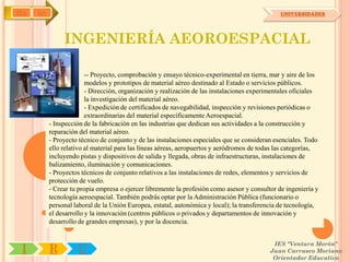 IYA   OA                                                                                        UNIVERSIDADES




                INGENIERÍA AEOROESPACIAL

                         -- Proyecto, comprobación y ensayo técnico-experimental en tierra, mar y aire de los
                         modelos y prototipos de material aéreo destinado al Estado o servicios públicos.
                         - Dirección, organización y realización de las instalaciones experimentales oficiales
           para          la investigación del material aéreo.
                         - Expedición de certificados de navegabilidad, inspección y revisiones periódicas o
                         extraordinarias del material específicamente Aeroespacial.
           - Inspección de la fabricación en las industrias que dedican sus actividades a la construcción y
           reparación del material aéreo.
           - Proyecto técnico de conjunto y de las instalaciones especiales que se consideran esenciales. Todo
           ello relativo al material para las líneas aéreas, aeropuertos y aeródromos de todas las categorías,
           incluyendo pistas y dispositivos de salida y llegada, obras de infraestructuras, instalaciones de
           balizamiento, iluminación y comunicaciones.
           - Proyectos técnicos de conjunto relativos a las instalaciones de redes, elementos y servicios de
           protección de vuelo.
           - Crear tu propia empresa o ejercer libremente la profesión como asesor y consultor de ingeniería y
           tecnología aeroespacial. También podrás optar por la Administración Pública (funcionario o
           personal laboral de la Unión Europea, estatal, autonómica y local); la transferencia de tecnología,
           el desarrollo y la innovación (centros públicos o privados y departamentos de innovación y
           desarrollo de grandes empresas), y por la docencia.


                                                                                             IES "Ventura Morón"
 I         R         U                                                                      Juan Carrasco Moriano
                                                                                             Orientador Educativo
 