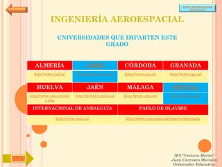 POR UNIVERSIDADES
                                                                                            (ANDALUCÍA)



                 INGENIERÍA AEROESPACIAL

                     UNIVERSIDADES QUE IMPARTEN ESTE
                                 GRADO


        ALMERÍA                     CÁDIZ               CÓRDOBA                  GRANADA
        http://www.ual.es/      http://www.uca.es/es/   http://www.uco.es/       http://www.ugr.es/


         HUELVA                      JAÉN                MÁLAGA                   SEVILLA
      http://www.uhu.es/inde   http://www10.ujaen.es/   http://www.uma.es/       http://www.us.es/
               x.php

       INTERNACIONAL DE ANDALUCÍA                               PABLO DE OLAVIDE

                    http://www.unia.es/                  http://www.upo.es/portal/impe/web/portada




                                                                                   IES "Ventura Morón"
IYA                                                                               Juan Carrasco Moriano
                                                                                   Orientador Educativo
 