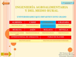 POR UNIVERSIDADES
                                                                                            (ANDALUCÍA)




              INGENIERÍA AGROALIMENTARIA
                   Y DEL MEDIO RURAL

                UNIVERSIDADES QUE IMPARTEN ESTE GRADO

        ALMERÍA                     CÁDIZ               CÓRDOBA                  GRANADA
        http://www.ual.es/      http://www.uca.es/es/   http://www.uco.es/       http://www.ugr.es/


         HUELVA                      JAÉN                MÁLAGA                   SEVILLA
      http://www.uhu.es/inde   http://www10.ujaen.es/   http://www.uma.es/       http://www.us.es/
               x.php

       INTERNACIONAL DE ANDALUCÍA                               PABLO DE OLAVIDE

                    http://www.unia.es/                  http://www.upo.es/portal/impe/web/portada




                                                                                   IES "Ventura Morón"
IYA                                                                               Juan Carrasco Moriano
                                                                                   Orientador Educativo
 