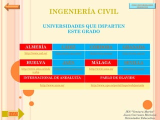 POR UNIVERSIDADES
                                                                                            (ANDALUCÍA)


                             INGENIERÍA CIVIL

                      UNIVERSIDADES QUE IMPARTEN
                              ESTE GRADO


        ALMERÍA                     CÁDIZ               CÓRDOBA                  GRANADA
        http://www.ual.es/      http://www.uca.es/es/   http://www.uco.es/       http://www.ugr.es/


         HUELVA                      JAÉN                MÁLAGA                   SEVILLA
      http://www.uhu.es/inde   http://www10.ujaen.es/   http://www.uma.es/       http://www.us.es/
               x.php

       INTERNACIONAL DE ANDALUCÍA                               PABLO DE OLAVIDE

                    http://www.unia.es/                  http://www.upo.es/portal/impe/web/portada




                                                                                   IES "Ventura Morón"
IYA                                                                               Juan Carrasco Moriano
                                                                                   Orientador Educativo
 