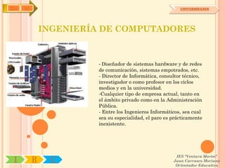 IYA   OA                                                    UNIVERSIDADES




               INGENIERÍA DE COMPUTADORES



                         - Diseñador de sistemas hardware y de redes
                         de comunicación, sistemas empotrados, etc.
                         - Director de Informática, consultor técnico,
                         investigador o como profesor en los ciclos
                         medios y en la universidad.
                         -Cualquier tipo de empresa actual, tanto en
                         el ámbito privado como en la Administración
                         Pública.
                         - Entre los Ingenieros Informáticos, sea cual
                         sea su especialidad, el paro es prácticamente
                         inexistente.




                                                          IES "Ventura Morón"
 I         R    U                                        Juan Carrasco Moriano
                                                          Orientador Educativo
 