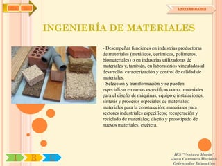 IYA   OA                                                      UNIVERSIDADES




               INGENIERÍA DE MATERIALES

                        - Desempeñar funciones en industrias productoras
                        de materiales (metálicos, cerámicos, polímeros,
                        biomateriales) o en industrias utilizadoras de
                        materiales y, también, en laboratorios vinculados al
                        desarrollo, caracterización y control de calidad de
                        materiales.
                        - Selección y transformación y se pueden
                        especializar en ramas específicas como: materiales
                        para el diseño de máquinas, equipo e instalaciones;
                        síntesis y procesos especiales de materiales;
                        materiales para la construcción; materiales para
                        sectores industriales específicos; recuperación y
                        reciclado de materiales; diseño y prototipado de
                        nuevos materiales; etcétera.




                                                            IES "Ventura Morón"
 I         R    U                                          Juan Carrasco Moriano
                                                            Orientador Educativo
 