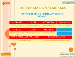 POR UNIVERSIDADES
                                                                                            (ANDALUCÍA)




                  INGENIERÍA DE MATERIALES

                       UNIVERSIDADES QUE IMPARTEN ESTE
                                   GRADO


        ALMERÍA                     CÁDIZ               CÓRDOBA                  GRANADA
        http://www.ual.es/      http://www.uca.es/es/   http://www.uco.es/       http://www.ugr.es/


         HUELVA                      JAÉN                MÁLAGA                   SEVILLA
      http://www.uhu.es/inde   http://www10.ujaen.es/   http://www.uma.es/       http://www.us.es/
               x.php

       INTERNACIONAL DE ANDALUCÍA                               PABLO DE OLAVIDE

                    http://www.unia.es/                  http://www.upo.es/portal/impe/web/portada




                                                                                   IES "Ventura Morón"
IYA                                                                               Juan Carrasco Moriano
                                                                                   Orientador Educativo
 