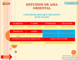 POR UNIVERSIDADES


                               ESTUDIOS DE ASIA
                                                                                            (ANDALUCÍA)




                                  ORIENTAL

                         UNIVERSIDADES QUE IMPARTEN
                                 ESTE GRADO


        ALMERÍA                     CÁDIZ               CÓRDOBA                  GRANADA
        http://www.ual.es/      http://www.uca.es/es/   http://www.uco.es/       http://www.ugr.es/


         HUELVA                      JAÉN                MÁLAGA                   SEVILLA
      http://www.uhu.es/inde   http://www10.ujaen.es/   http://www.uma.es/       http://www.us.es/
               x.php

       INTERNACIONAL DE ANDALUCÍA                               PABLO DE OLAVIDE

                    http://www.unia.es/                  http://www.upo.es/portal/impe/web/portada




                                                                                   IES "Ventura Morón"
AYH                                                                               Juan Carrasco Moriano
                                                                                   Orientador Educativo
 