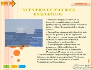 IYA   OA                                                     UNIVERSIDADES




               INGENIERÍA DE RECURSOS
                    ENERGÉTICOS
                               - Puestos de responsabilidad en la
                               industria energética convencional
                               (petroquímica y carboquímica), renovables
                               (solar y eólica), biocombustibles, biogás y
                               nuclear.
                               - Desarrollan sus conocimientos dentro de
                               industria química y de los explosivos.
                               - Dirigen proyectos de impacto ambiental
                               en todos los ámbitos de actuación.
                               - Desarrollan la profesión libre.
                               - Pueden impartir clases en centros
                               privados y públicos (Profesor de
                               Enseñanza Secundaria y Formación
                               Profesional, Profesor de Universidad).
                     - Tambien ocupan cargos de responsabilidad en las
                     diferentes administraciones públicas: Técnicos de
                     Administración Local, Autonómica, Central,
                     Administración Comunitaria.
                                                           IES "Ventura Morón"
 I         R   U                                          Juan Carrasco Moriano
                                                           Orientador Educativo
 