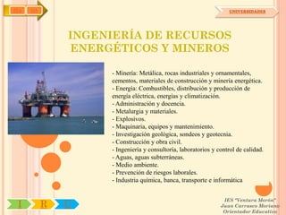 IYA   OA                                                            UNIVERSIDADES




               INGENIERÍA DE RECURSOS
               ENERGÉTICOS Y MINEROS

                    - Minería: Metálica, rocas industriales y ornamentales,
                    cementos, materiales de construcción y minería energética.
                    - Energía: Combustibles, distribución y producción de
                    energía eléctrica, energías y climatización.
                    - Administración y docencia.
                    - Metalurgia y materiales.
                    - Explosivos.
                    - Maquinaria, equipos y mantenimiento.
                    - Investigación geológica, sondeos y geotecnia.
                    - Construcción y obra civil.
                    - Ingeniería y consultoría, laboratorios y control de calidad.
                    - Aguas, aguas subterráneas.
                    - Medio ambiente.
                    - Prevención de riesgos laborales.
                    - Industria química, banca, transporte e informática


                                                                 IES "Ventura Morón"
 I         R   U                                                Juan Carrasco Moriano
                                                                 Orientador Educativo
 