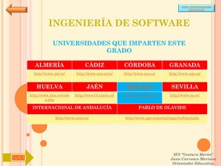 POR UNIVERSIDADES
                                                                                            (ANDALUCÍA)




                INGENIERÍA DE SOFTWARE

                  UNIVERSIDADES QUE IMPARTEN ESTE
                              GRADO

        ALMERÍA                     CÁDIZ               CÓRDOBA                  GRANADA
        http://www.ual.es/      http://www.uca.es/es/   http://www.uco.es/       http://www.ugr.es/


         HUELVA                      JAÉN                MÁLAGA                   SEVILLA
      http://www.uhu.es/inde   http://www10.ujaen.es/   http://www.uma.es/       http://www.us.es/
               x.php

       INTERNACIONAL DE ANDALUCÍA                               PABLO DE OLAVIDE

                    http://www.unia.es/                  http://www.upo.es/portal/impe/web/portada




                                                                                   IES "Ventura Morón"
IYA                                                                               Juan Carrasco Moriano
                                                                                   Orientador Educativo
 