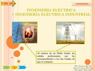 IYA   OA                                                   UNIVERSIDADES




             INGENIERÍA ELÉCTRICA
       + INGENIERÍA ELÉCTRICA INDUSTRIAL




                   Al tratarse de un Doble Grado, las
                   salidas    profesionales   son    las
                   correspondientes a los dos Grados de
                   que se compone.
                                                       IES "Ventura Morón"
 I         R   U                                      Juan Carrasco Moriano
                                                       Orientador Educativo
 