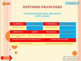 POR UNIVERSIDADES
                                                                                            (ANDALUCÍA)



                        ESTUDIOS FRANCESES

                         UNIVERSIDADES QUE IMPARTEN
                                 ESTE GRADO


        ALMERÍA                     CÁDIZ               CÓRDOBA                  GRANADA
        http://www.ual.es/      http://www.uca.es/es/   http://www.uco.es/       http://www.ugr.es/


         HUELVA                      JAÉN                MÁLAGA                   SEVILLA
      http://www.uhu.es/inde   http://www10.ujaen.es/   http://www.uma.es/       http://www.us.es/
               x.php

       INTERNACIONAL DE ANDALUCÍA                               PABLO DE OLAVIDE

                    http://www.unia.es/                  http://www.upo.es/portal/impe/web/portada




                                                                                   IES "Ventura Morón"
AYH                                                                               Juan Carrasco Moriano
                                                                                   Orientador Educativo
 