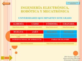 POR UNIVERSIDADES
                                                                                            (ANDALUCÍA)




                    INGENIERÍA ELECTRÓNICA,
                    ROBÓTICA Y MECATRÓNICA

                UNIVERSIDADES QUE IMPARTEN ESTE GRADO

        ALMERÍA                     CÁDIZ               CÓRDOBA                  GRANADA
        http://www.ual.es/      http://www.uca.es/es/   http://www.uco.es/       http://www.ugr.es/


         HUELVA                      JAÉN                MÁLAGA                   SEVILLA
      http://www.uhu.es/inde   http://www10.ujaen.es/   http://www.uma.es/       http://www.us.es/
               x.php

       INTERNACIONAL DE ANDALUCÍA                               PABLO DE OLAVIDE

                    http://www.unia.es/                  http://www.upo.es/portal/impe/web/portada




                                                                                   IES "Ventura Morón"
IYA                                                                               Juan Carrasco Moriano
                                                                                   Orientador Educativo
 