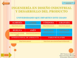 POR UNIVERSIDADES
                                                                                            (ANDALUCÍA)




       INGENIERÍA EN DISEÑO INDUSTRIAL
         Y DESARROLLO DEL PRODUCTO

               UNIVERSIDADES QUE IMPARTEN ESTE GRADO

        ALMERÍA                     CÁDIZ               CÓRDOBA                  GRANADA
        http://www.ual.es/      http://www.uca.es/es/   http://www.uco.es/       http://www.ugr.es/


         HUELVA                      JAÉN                MÁLAGA                   SEVILLA
      http://www.uhu.es/inde   http://www10.ujaen.es/   http://www.uma.es/       http://www.us.es/
               x.php

       INTERNACIONAL DE ANDALUCÍA                               PABLO DE OLAVIDE

                    http://www.unia.es/                  http://www.upo.es/portal/impe/web/portada




                                                                                   IES "Ventura Morón"
IYA                                                                               Juan Carrasco Moriano
                                                                                   Orientador Educativo
 