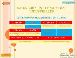 POR UNIVERSIDADES
                                                                                            (ANDALUCÍA)




               INGENIERÍA EN TECNOLOGÍAS
                     INDUSTRIALES

               UNIVERSIDADES QUE IMPARTEN ESTE GRADO

        ALMERÍA                     CÁDIZ               CÓRDOBA                  GRANADA
        http://www.ual.es/      http://www.uca.es/es/   http://www.uco.es/       http://www.ugr.es/


         HUELVA                      JAÉN                MÁLAGA                   SEVILLA
      http://www.uhu.es/inde   http://www10.ujaen.es/   http://www.uma.es/       http://www.us.es/
               x.php

       INTERNACIONAL DE ANDALUCÍA                               PABLO DE OLAVIDE

                    http://www.unia.es/                  http://www.upo.es/portal/impe/web/portada




                                                                                   IES "Ventura Morón"
IYA                                                                               Juan Carrasco Moriano
                                                                                   Orientador Educativo
 