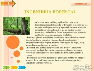 IYA   OA                                                                UNIVERSIDADES




                   INGENIERÍA FORESTAL

                             - Conocer, desarrollar y aplicar las ciencias y
                             tecnologías forestales en la ordenación y gestión de los
                             montes, en laproducción y aprovechamiento silvícola,
                             cinegético o piscícola, así como en las industrias
                             forestales, todo ello de forma respetuosa con el medio
                             ambiente y económicamente rentable.
                   - Producir planta abundante y de buena calidad en los viveros
                   forestales, tanto privados como de la administración,
                   proporcionando los requerimientos fisiológicos de riego, luz y
                   abonado que cada especie precise.
                   - Realizar una correcta repoblación del monte, tanto para
                   proteger el suelo de la erosión, como para obtener recursos
                   forestales aprovechables tales como madera, setas, corcho o
                   resina.
                   - Permite la inserción laboral del graduado dentro del amplio
                   abanico de actividades que en la actualidad desempeña el
                   Ingeniero Técnico Forestal.
                                                                     IES "Ventura Morón"
 I         R   U                                                    Juan Carrasco Moriano
                                                                     Orientador Educativo
 