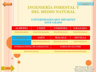 POR UNIVERSIDADES
                                                                                            (ANDALUCÍA)


                         INGENIERÍA FORESTAL Y
                           DEL MEDIO NATURAL

                               UNIVERSIDADES QUE IMPARTEN
                                       ESTE GRADO

        ALMERÍA                     CÁDIZ               CÓRDOBA                  GRANADA
        http://www.ual.es/      http://www.uca.es/es/   http://www.uco.es/       http://www.ugr.es/


         HUELVA                      JAÉN                MÁLAGA                   SEVILLA
      http://www.uhu.es/inde   http://www10.ujaen.es/   http://www.uma.es/       http://www.us.es/
               x.php

       INTERNACIONAL DE ANDALUCÍA                               PABLO DE OLAVIDE

                    http://www.unia.es/                  http://www.upo.es/portal/impe/web/portada




                                                                                   IES "Ventura Morón"
IYA                                                                               Juan Carrasco Moriano
                                                                                   Orientador Educativo
 