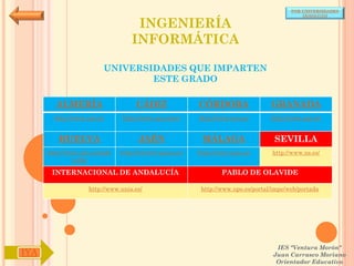 POR UNIVERSIDADES
                                                                                            (ANDALUCÍA)

                                    INGENIERÍA
                                   INFORMÁTICA

                         UNIVERSIDADES QUE IMPARTEN
                                 ESTE GRADO

        ALMERÍA                     CÁDIZ               CÓRDOBA                  GRANADA
        http://www.ual.es/      http://www.uca.es/es/   http://www.uco.es/       http://www.ugr.es/


         HUELVA                      JAÉN                MÁLAGA                   SEVILLA
      http://www.uhu.es/inde   http://www10.ujaen.es/   http://www.uma.es/       http://www.us.es/
               x.php

       INTERNACIONAL DE ANDALUCÍA                               PABLO DE OLAVIDE

                    http://www.unia.es/                  http://www.upo.es/portal/impe/web/portada




                                                                                   IES "Ventura Morón"
IYA                                                                               Juan Carrasco Moriano
                                                                                   Orientador Educativo
 