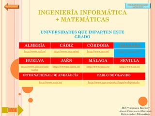 POR UNIVERSIDADES
                                                                                            (ANDALUCÍA)



                   INGENIERÍA INFORMÁTICA
                       + MATEMÁTICAS

                     UNIVERSIDADES QUE IMPARTEN ESTE
                                 GRADO

        ALMERÍA                     CÁDIZ               CÓRDOBA                  GRANADA
        http://www.ual.es/      http://www.uca.es/es/   http://www.uco.es/       http://www.ugr.es/


         HUELVA                      JAÉN                MÁLAGA                   SEVILLA
      http://www.uhu.es/inde   http://www10.ujaen.es/   http://www.uma.es/       http://www.us.es/
               x.php

       INTERNACIONAL DE ANDALUCÍA                               PABLO DE OLAVIDE

                    http://www.unia.es/                  http://www.upo.es/portal/impe/web/portada




                                                                                   IES "Ventura Morón"
IYA                                                                               Juan Carrasco Moriano
                                                                                   Orientador Educativo
 