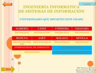 POR UNIVERSIDADES
                                                                                            (ANDALUCÍA)


              INGENIERÍA INFORMÁTICA
            DE SISTEMAS DE INFORMACIÓN

             UNIVERSIDADES QUE IMPARTEN ESTE GRADO


        ALMERÍA                     CÁDIZ               CÓRDOBA                  GRANADA
        http://www.ual.es/      http://www.uca.es/es/   http://www.uco.es/       http://www.ugr.es/


         HUELVA                      JAÉN                MÁLAGA                   SEVILLA
      http://www.uhu.es/inde   http://www10.ujaen.es/   http://www.uma.es/       http://www.us.es/
               x.php

       INTERNACIONAL DE ANDALUCÍA                               PABLO DE OLAVIDE

                    http://www.unia.es/                  http://www.upo.es/portal/impe/web/portada




                                                                                   IES "Ventura Morón"
IYA                                                                               Juan Carrasco Moriano
                                                                                   Orientador Educativo
 