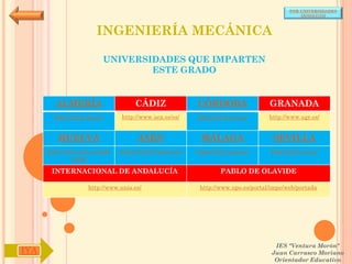 POR UNIVERSIDADES
                                                                                            (ANDALUCÍA)



                       INGENIERÍA MECÁNICA

                         UNIVERSIDADES QUE IMPARTEN
                                 ESTE GRADO


        ALMERÍA                     CÁDIZ               CÓRDOBA                  GRANADA
        http://www.ual.es/      http://www.uca.es/es/   http://www.uco.es/       http://www.ugr.es/


         HUELVA                      JAÉN                MÁLAGA                   SEVILLA
      http://www.uhu.es/inde   http://www10.ujaen.es/   http://www.uma.es/       http://www.us.es/
               x.php

       INTERNACIONAL DE ANDALUCÍA                               PABLO DE OLAVIDE

                    http://www.unia.es/                  http://www.upo.es/portal/impe/web/portada




                                                                                   IES "Ventura Morón"
IYA                                                                               Juan Carrasco Moriano
                                                                                   Orientador Educativo
 