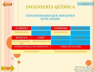 POR UNIVERSIDADES
                                                                                            (ANDALUCÍA)


                      INGENIERÍA QÚÍMICA

                      UNIVERSIDADES QUE IMPARTEN
                              ESTE GRADO


        ALMERÍA                     CÁDIZ               CÓRDOBA                  GRANADA
        http://www.ual.es/      http://www.uca.es/es/   http://www.uco.es/       http://www.ugr.es/


         HUELVA                      JAÉN                MÁLAGA                   SEVILLA
      http://www.uhu.es/inde   http://www10.ujaen.es/   http://www.uma.es/       http://www.us.es/
               x.php

       INTERNACIONAL DE ANDALUCÍA                               PABLO DE OLAVIDE

                    http://www.unia.es/                  http://www.upo.es/portal/impe/web/portada




                                                                                   IES "Ventura Morón"
IYA                                                                               Juan Carrasco Moriano
                                                                                   Orientador Educativo
 