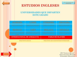 POR UNIVERSIDADES
                                                                                            (ANDALUCÍA)


                        ESTUDIOS INGLESES

                      UNIVERSIDADES QUE IMPARTEN
                              ESTE GRADO


        ALMERÍA                     CÁDIZ               CÓRDOBA                  GRANADA
        http://www.ual.es/      http://www.uca.es/es/   http://www.uco.es/       http://www.ugr.es/


         HUELVA                      JAÉN                MÁLAGA                   SEVILLA
      http://www.uhu.es/inde   http://www10.ujaen.es/   http://www.uma.es/       http://www.us.es/
               x.php

       INTERNACIONAL DE ANDALUCÍA                               PABLO DE OLAVIDE

                    http://www.unia.es/                  http://www.upo.es/portal/impe/web/portada




                                                                                   IES "Ventura Morón"
AYH                                                                               Juan Carrasco Moriano
                                                                                   Orientador Educativo
 