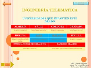 POR UNIVERSIDADES
                                                                                            (ANDALUCÍA)




                   INGENIERÍA TELEMÁTICA

                   UNIVERSIDADES QUE IMPARTEN ESTE
                               GRADO

        ALMERÍA                     CÁDIZ               CÓRDOBA                  GRANADA
        http://www.ual.es/      http://www.uca.es/es/   http://www.uco.es/       http://www.ugr.es/


         HUELVA                      JAÉN                MÁLAGA                   SEVILLA
      http://www.uhu.es/inde   http://www10.ujaen.es/   http://www.uma.es/       http://www.us.es/
               x.php

       INTERNACIONAL DE ANDALUCÍA                               PABLO DE OLAVIDE

                    http://www.unia.es/                  http://www.upo.es/portal/impe/web/portada




                                                                                   IES "Ventura Morón"
IYA                                                                               Juan Carrasco Moriano
                                                                                   Orientador Educativo
 