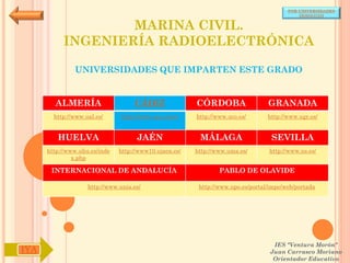 POR UNIVERSIDADES
                                                                                            (ANDALUCÍA)


                   MARINA CIVIL.
           INGENIERÍA RADIOELECTRÓNICA

               UNIVERSIDADES QUE IMPARTEN ESTE GRADO


        ALMERÍA                     CÁDIZ               CÓRDOBA                  GRANADA
        http://www.ual.es/      http://www.uca.es/es/   http://www.uco.es/       http://www.ugr.es/


         HUELVA                      JAÉN                MÁLAGA                   SEVILLA
      http://www.uhu.es/inde   http://www10.ujaen.es/   http://www.uma.es/       http://www.us.es/
               x.php

       INTERNACIONAL DE ANDALUCÍA                               PABLO DE OLAVIDE

                    http://www.unia.es/                  http://www.upo.es/portal/impe/web/portada




                                                                                   IES "Ventura Morón"
IYA                                                                               Juan Carrasco Moriano
                                                                                   Orientador Educativo
 