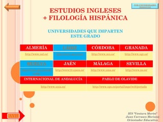 POR UNIVERSIDADES
                                                                                            (ANDALUCÍA)

                        ESTUDIOS INGLESES
                      + FILOLOGÍA HISPÁNICA

                         UNIVERSIDADES QUE IMPARTEN
                                 ESTE GRADO

        ALMERÍA                     CÁDIZ               CÓRDOBA                  GRANADA
        http://www.ual.es/      http://www.uca.es/es/   http://www.uco.es/       http://www.ugr.es/


         HUELVA                      JAÉN                MÁLAGA                   SEVILLA
      http://www.uhu.es/inde   http://www10.ujaen.es/   http://www.uma.es/       http://www.us.es/
               x.php

       INTERNACIONAL DE ANDALUCÍA                               PABLO DE OLAVIDE

                    http://www.unia.es/                  http://www.upo.es/portal/impe/web/portada




                                                                                   IES "Ventura Morón"
AYH                                                                               Juan Carrasco Moriano
                                                                                   Orientador Educativo
 