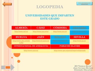 POR UNIVERSIDADES
                                                                                           (ANDALUCÍA)


                                   LOGOPEDIA

                     UNIVERSIDADES QUE IMPARTEN
                             ESTE GRADO


       ALMERÍA                     CÁDIZ               CÓRDOBA                  GRANADA
       http://www.ual.es/      http://www.uca.es/es/   http://www.uco.es/       http://www.ugr.es/


        HUELVA                      JAÉN                MÁLAGA                   SEVILLA
     http://www.uhu.es/inde   http://www10.ujaen.es/   http://www.uma.es/       http://www.us.es/
              x.php

      INTERNACIONAL DE ANDALUCÍA                               PABLO DE OLAVIDE

                   http://www.unia.es/                  http://www.upo.es/portal/impe/web/portada




                                                                                  IES "Ventura Morón"
SD                                                                               Juan Carrasco Moriano
                                                                                  Orientador Educativo
 