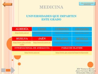 POR UNIVERSIDADES
                                                                                           (ANDALUCÍA)


                                         MEDICINA

                     UNIVERSIDADES QUE IMPARTEN
                             ESTE GRADO


       ALMERÍA                     CÁDIZ               CÓRDOBA                  GRANADA
       http://www.ual.es/      http://www.uca.es/es/   http://www.uco.es/       http://www.ugr.es/


        HUELVA                      JAÉN                MÁLAGA                   SEVILLA
     http://www.uhu.es/inde   http://www10.ujaen.es/   http://www.uma.es/       http://www.us.es/
              x.php

      INTERNACIONAL DE ANDALUCÍA                               PABLO DE OLAVIDE

                   http://www.unia.es/                  http://www.upo.es/portal/impe/web/portada




                                                                                  IES "Ventura Morón"
SD                                                                               Juan Carrasco Moriano
                                                                                  Orientador Educativo
 