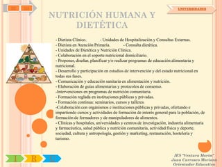 SD   OA                                                                                   UNIVERSIDADES

              NUTRICIÓN HUMANA Y
                  DIETÉTICA
                  - Dietista Clínico.        - Unidades de Hospitalización y Consultas Externas.
                  - Dietista en Atención Primaria.          - Consulta dietética.
                  - Unidades de Dietética y Nutrición Clínica.
                  - Colaboración en el soporte nutricional domiciliario.
                  - Proponer, diseñar, planificar y/o realizar programas de educación alimentaria y
                  nutricional.
                  - Desarrollo y participación en estudios de intervención y del estado nutricional en
                  todas sus fases.
                  - Comunicación y educación sanitaria en alimentación y nutrición.
                  - Elaboración de guías alimentarias y protocolos de consenso.
                  -Intervenciones en programas de nutrición comunitaria.
                  - Formación reglada en instituciones públicas y privadas.
                  - Formación continua: seminarios, cursos y talleres.
                  -Colaboración con organismos e instituciones públicas y privadas, ofertando e
                  impartiendo cursos y actividades de formación de interés general para la población, de
                  formación de formadores y de manipuladores de alimentos.
                  - Clínicas y hospitales, universidades y centros de investigación, industria alimentaria
                  y farmacéutica, salud pública y nutrición comunitaria, actividad física y deporte,
                  sociedad, cultura y antropología, gestión y marketing, restauración, hostelería y
                  turismo.


                                                                                       IES "Ventura Morón"
 I        R   U                                                                       Juan Carrasco Moriano
                                                                                       Orientador Educativo
 