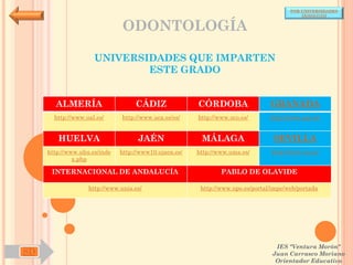 POR UNIVERSIDADES
                                                                                           (ANDALUCÍA)


                               ODONTOLOGÍA

                     UNIVERSIDADES QUE IMPARTEN
                             ESTE GRADO


       ALMERÍA                     CÁDIZ               CÓRDOBA                  GRANADA
       http://www.ual.es/      http://www.uca.es/es/   http://www.uco.es/       http://www.ugr.es/


        HUELVA                      JAÉN                MÁLAGA                   SEVILLA
     http://www.uhu.es/inde   http://www10.ujaen.es/   http://www.uma.es/       http://www.us.es/
              x.php

      INTERNACIONAL DE ANDALUCÍA                               PABLO DE OLAVIDE

                   http://www.unia.es/                  http://www.upo.es/portal/impe/web/portada




                                                                                  IES "Ventura Morón"
SD                                                                               Juan Carrasco Moriano
                                                                                  Orientador Educativo
 