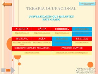 POR UNIVERSIDADES
                                                                                           (ANDALUCÍA)



                     TERAPIA OCUPACIONAL

                        UNIVERSIDADES QUE IMPARTEN
                                ESTE GRADO


       ALMERÍA                     CÁDIZ               CÓRDOBA                  GRANADA
       http://www.ual.es/      http://www.uca.es/es/   http://www.uco.es/       http://www.ugr.es/


        HUELVA                      JAÉN                MÁLAGA                   SEVILLA
     http://www.uhu.es/inde   http://www10.ujaen.es/   http://www.uma.es/       http://www.us.es/
              x.php

      INTERNACIONAL DE ANDALUCÍA                               PABLO DE OLAVIDE

                   http://www.unia.es/                  http://www.upo.es/portal/impe/web/portada




                                                                                  IES "Ventura Morón"
SD                                                                               Juan Carrasco Moriano
                                                                                  Orientador Educativo
 